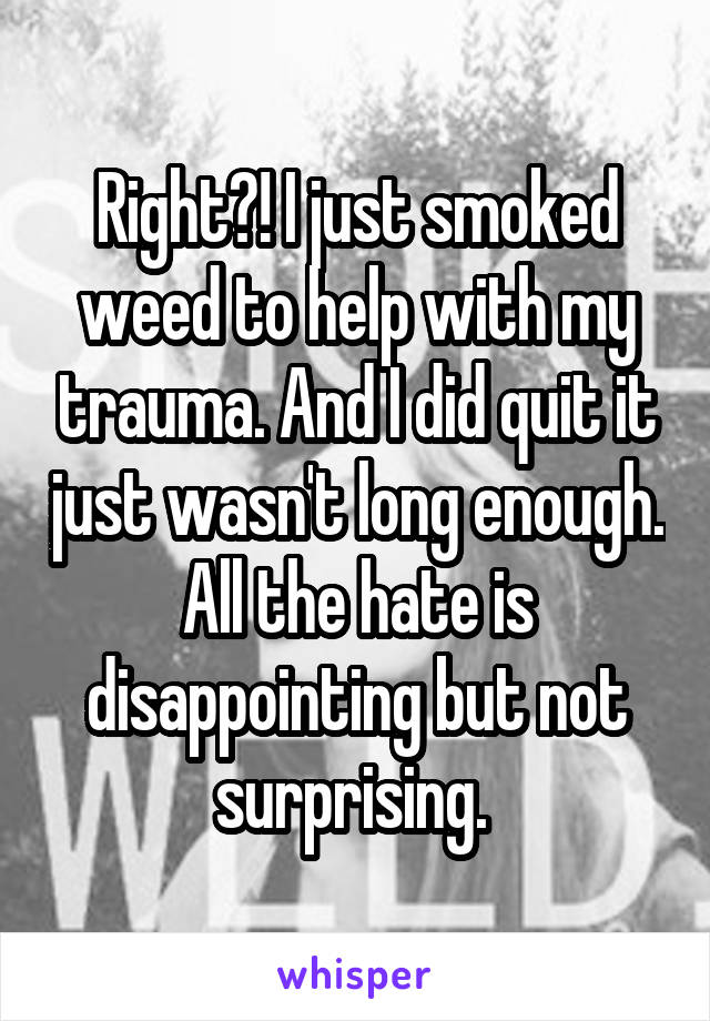 Right?! I just smoked weed to help with my trauma. And I did quit it just wasn't long enough. All the hate is disappointing but not surprising. 