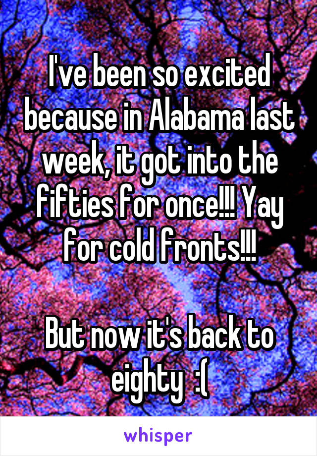 I've been so excited because in Alabama last week, it got into the fifties for once!!! Yay for cold fronts!!!

But now it's back to eighty  :(