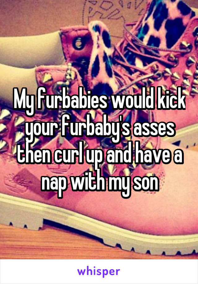 My furbabies would kick your furbaby's asses then curl up and have a nap with my son
