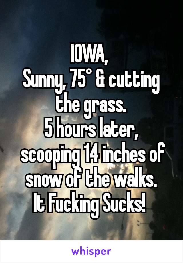 IOWA, 
Sunny, 75° & cutting the grass.
5 hours later,
 scooping 14 inches of snow of the walks.
It Fucking Sucks! 