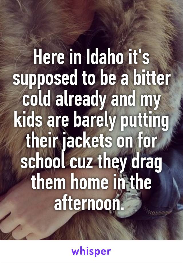 Here in Idaho it's supposed to be a bitter cold already and my kids are barely putting their jackets on for school cuz they drag them home in the afternoon. 