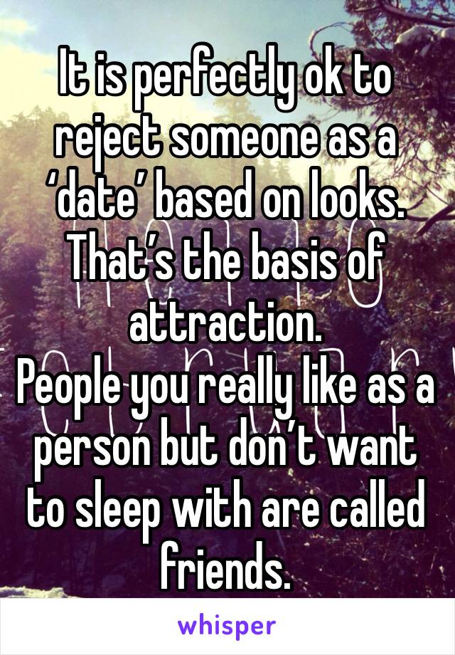 It is perfectly ok to reject someone as a ‘date’ based on looks. That’s the basis of attraction. 
People you really like as a person but don’t want to sleep with are called friends. 