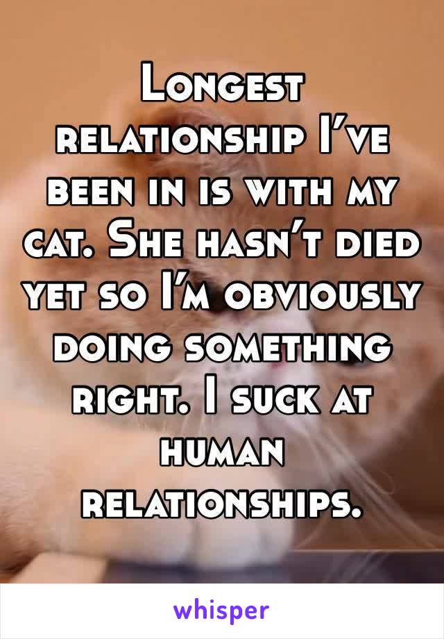 Longest relationship I’ve been in is with my cat. She hasn’t died yet so I’m obviously doing something right. I suck at human relationships. 