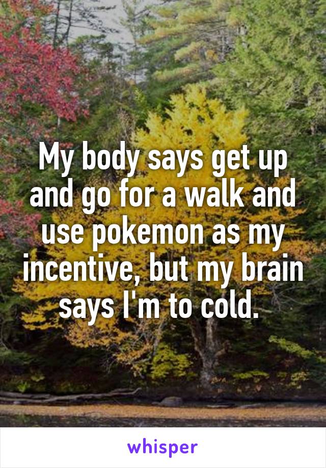 My body says get up and go for a walk and use pokemon as my incentive, but my brain says I'm to cold. 