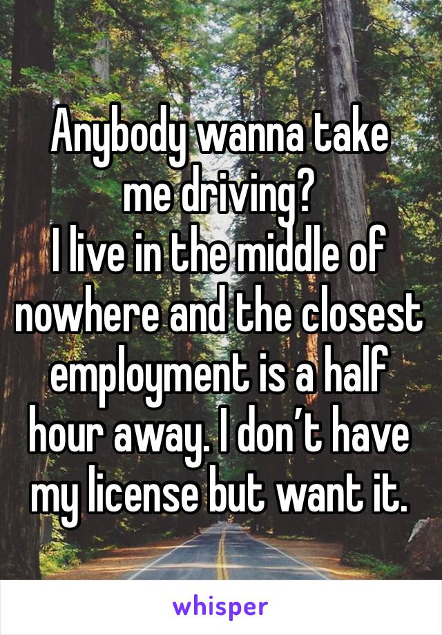 Anybody wanna take me driving?
I live in the middle of nowhere and the closest employment is a half hour away. I don’t have my license but want it.