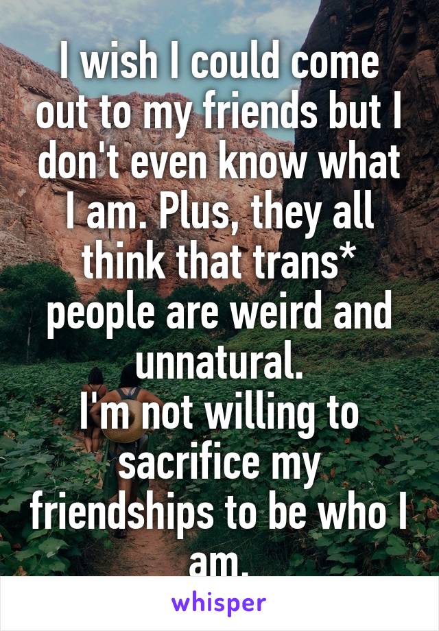 I wish I could come out to my friends but I don't even know what I am. Plus, they all think that trans* people are weird and unnatural.
I'm not willing to sacrifice my friendships to be who I am.