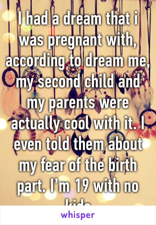 I had a dream that i was pregnant with, according to dream me, my second child and my parents were actually cool with it. I even told them about my fear of the birth part. I’m 19 with no kids