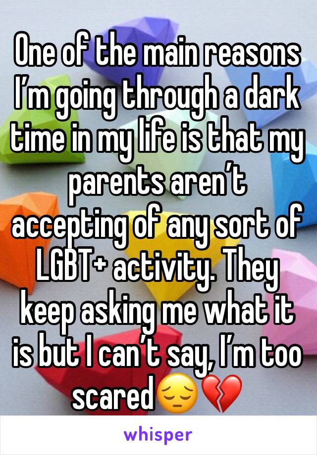 One of the main reasons I’m going through a dark time in my life is that my parents aren’t accepting of any sort of LGBT+ activity. They keep asking me what it is but I can’t say, I’m too scared😔💔