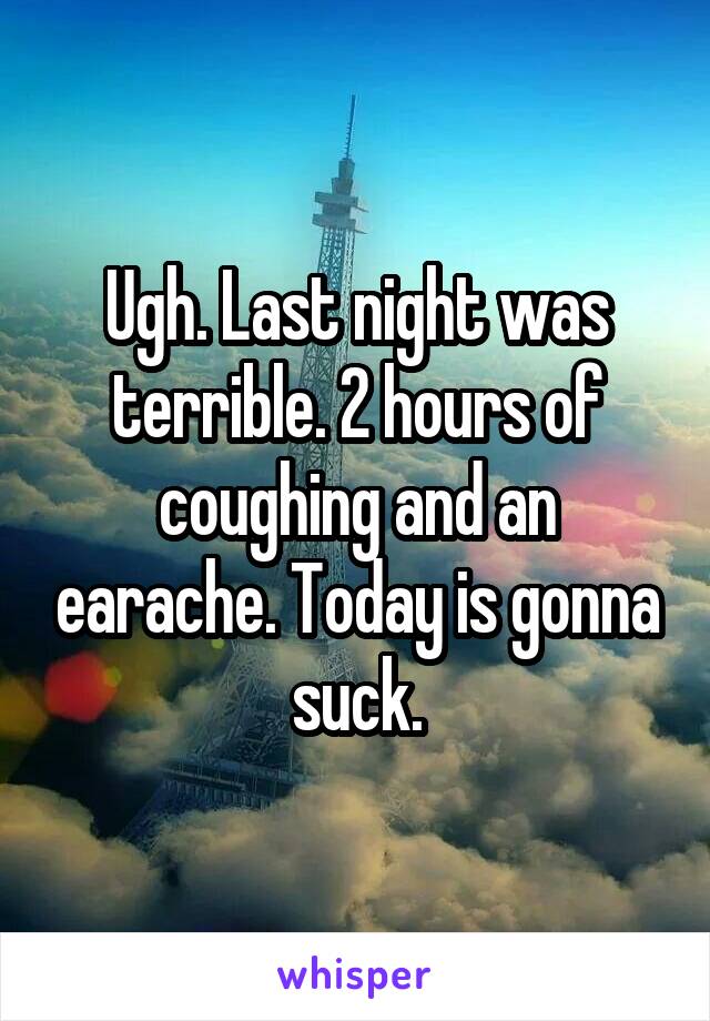 Ugh. Last night was terrible. 2 hours of coughing and an earache. Today is gonna suck.