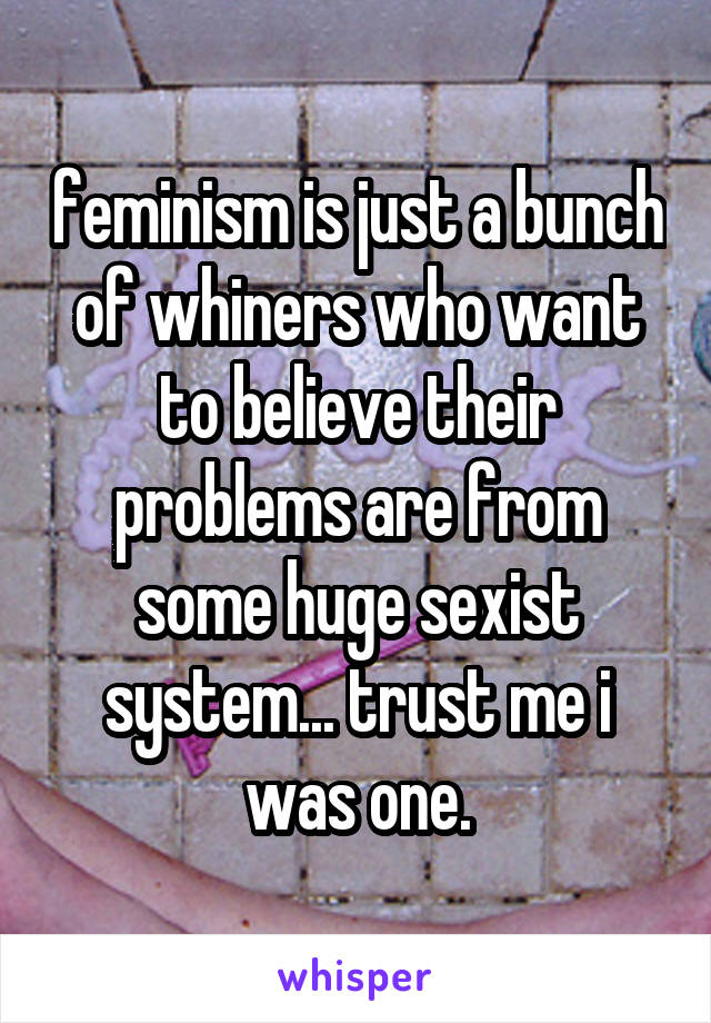 feminism is just a bunch of whiners who want to believe their problems are from some huge sexist system... trust me i was one.