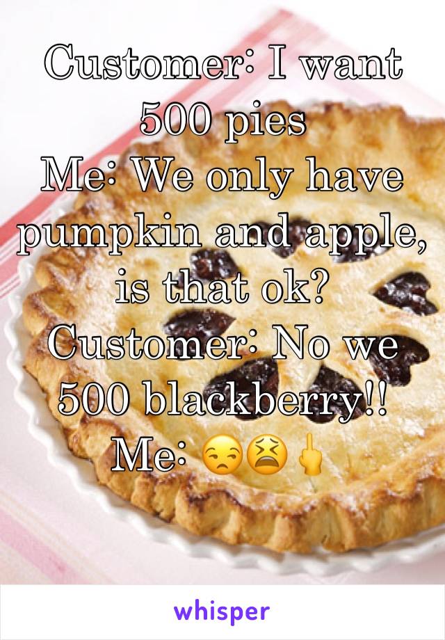 Customer: I want 500 pies
Me: We only have pumpkin and apple, is that ok?
Customer: No we 500 blackberry!!
Me: 😒😫🖕