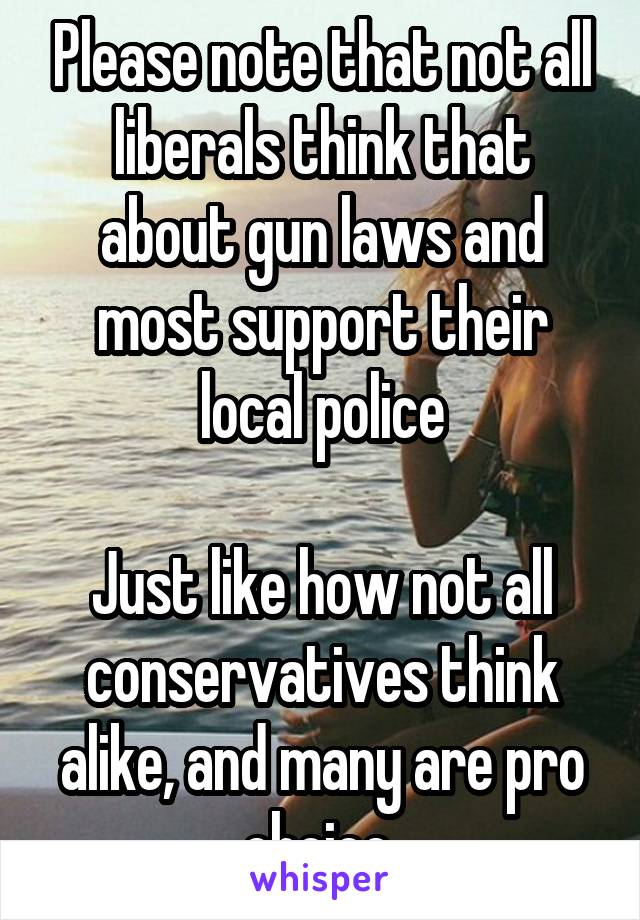 Please note that not all liberals think that about gun laws and most support their local police

Just like how not all conservatives think alike, and many are pro choice 