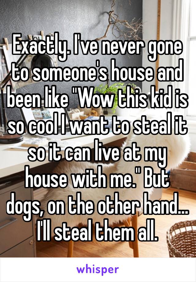 Exactly. I've never gone to someone's house and been like "Wow this kid is so cool I want to steal it so it can live at my house with me." But dogs, on the other hand… I'll steal them all.