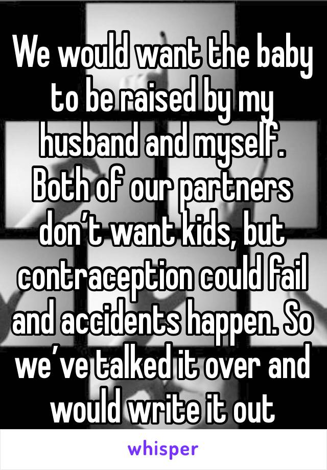 We would want the baby to be raised by my husband and myself.  Both of our partners don’t want kids, but contraception could fail and accidents happen. So we’ve talked it over and would write it out 
