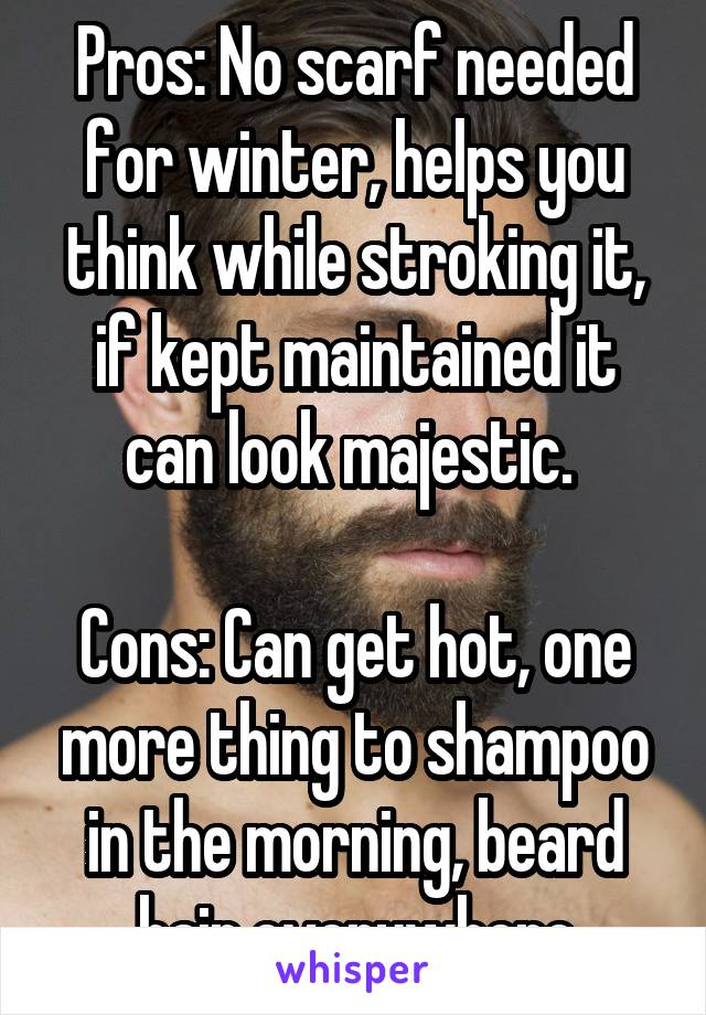Pros: No scarf needed for winter, helps you think while stroking it, if kept maintained it can look majestic. 

Cons: Can get hot, one more thing to shampoo in the morning, beard hair everywhere