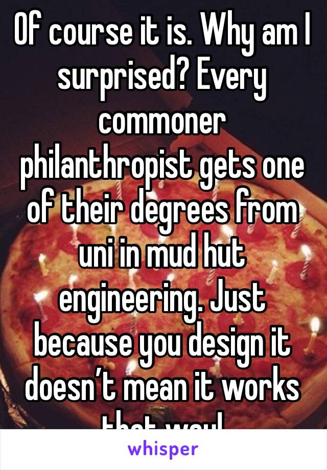 Of course it is. Why am I surprised? Every commoner philanthropist gets one of their degrees from uni in mud hut engineering. Just because you design it doesn’t mean it works that way!