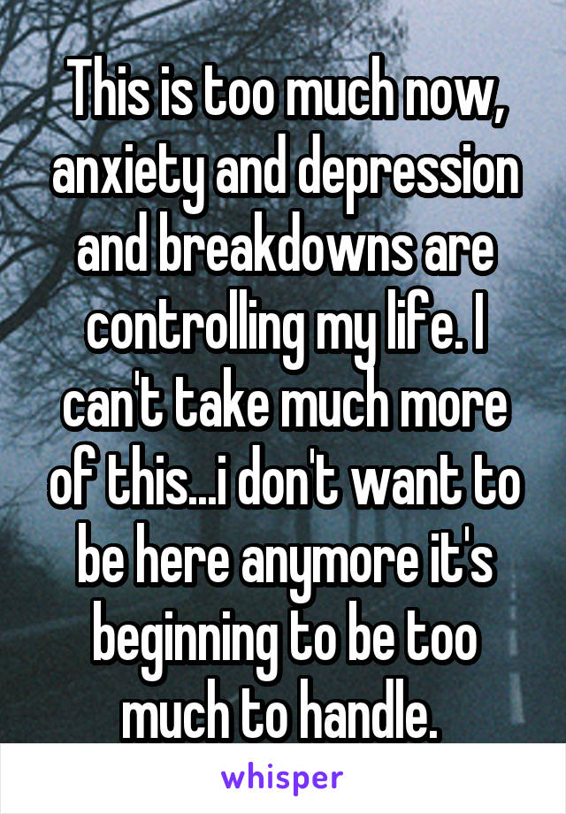 This is too much now, anxiety and depression and breakdowns are controlling my life. I can't take much more of this...i don't want to be here anymore it's beginning to be too much to handle. 