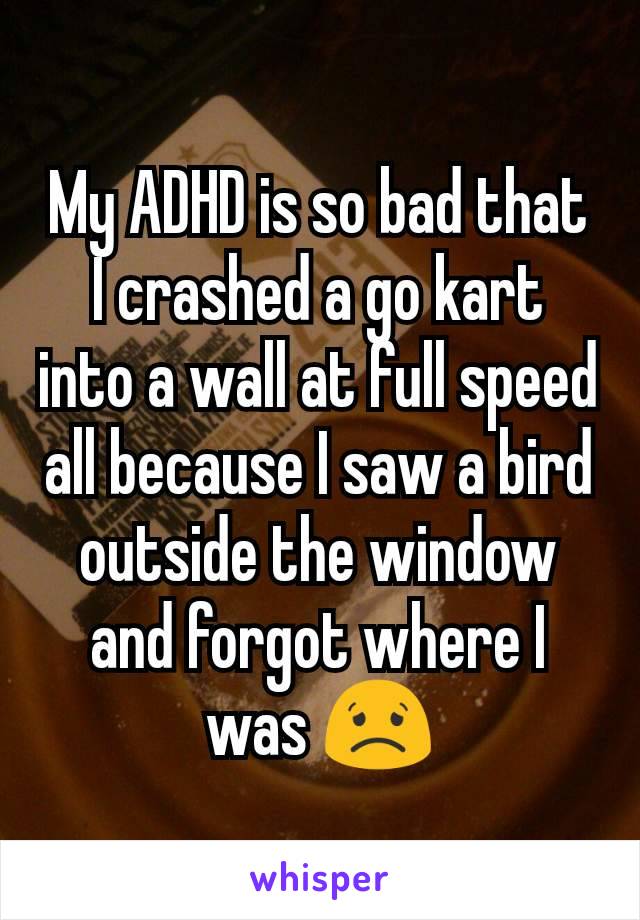 My ADHD is so bad that I crashed a go kart into a wall at full speed all because I saw a bird outside the window and forgot where I was 😟