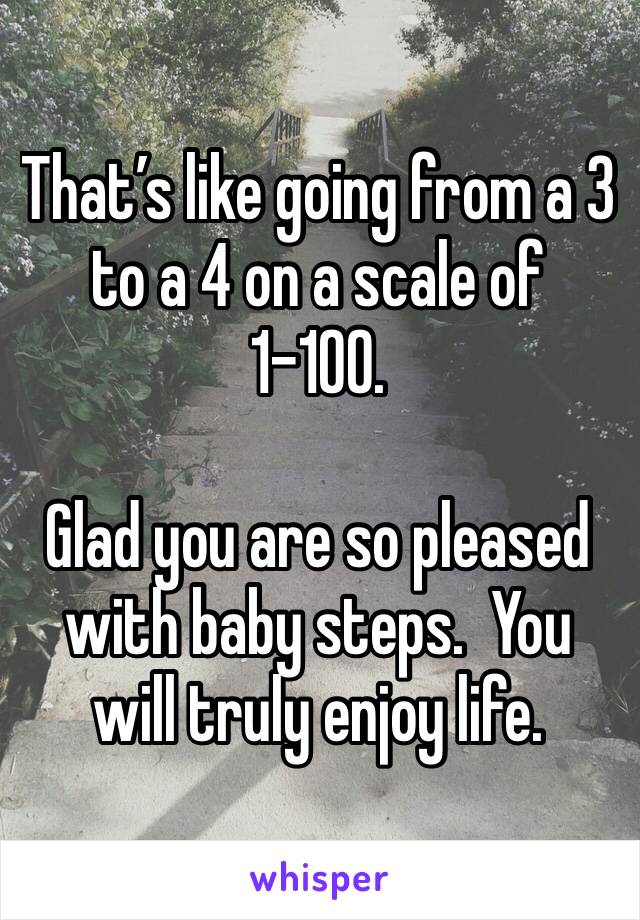 That’s like going from a 3 to a 4 on a scale of 1-100.

Glad you are so pleased with baby steps.  You will truly enjoy life.