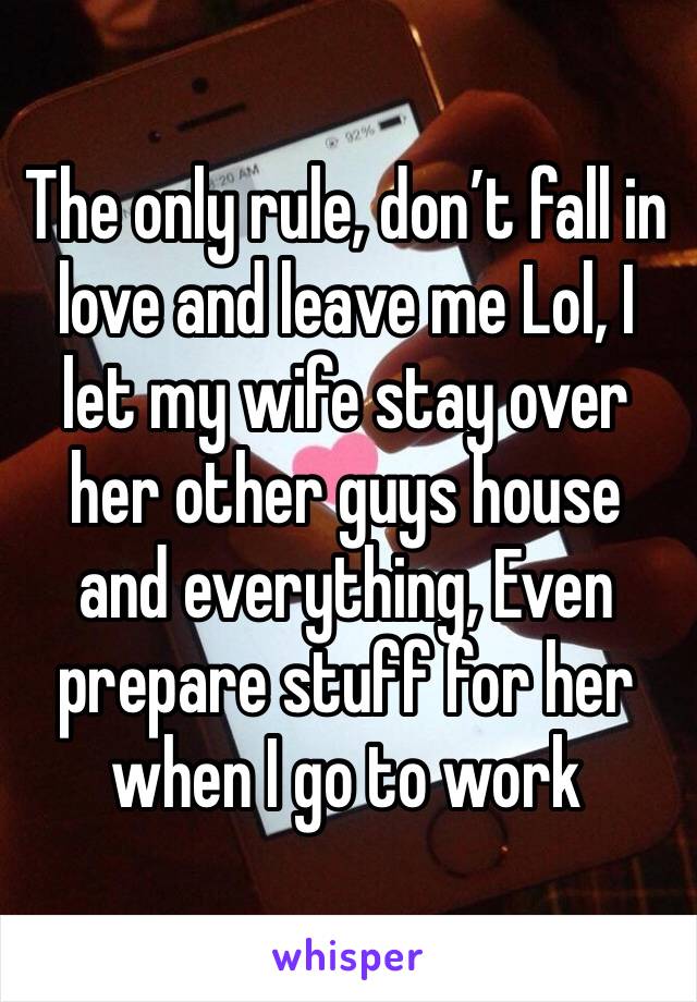 The only rule, don’t fall in love and leave me Lol, I let my wife stay over her other guys house and everything, Even prepare stuff for her when I go to work 