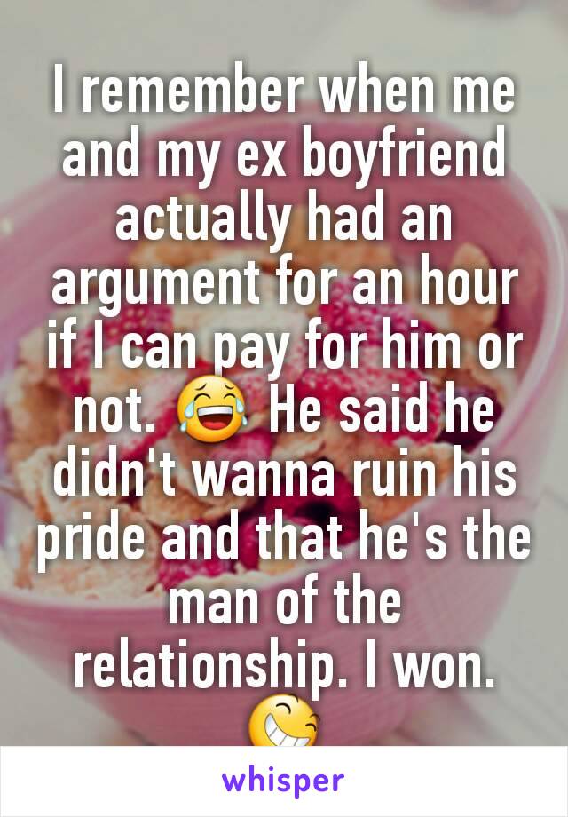 I remember when me and my ex boyfriend actually had an argument for an hour if I can pay for him or not. 😂 He said he didn't wanna ruin his pride and that he's the man of the relationship. I won. 😆