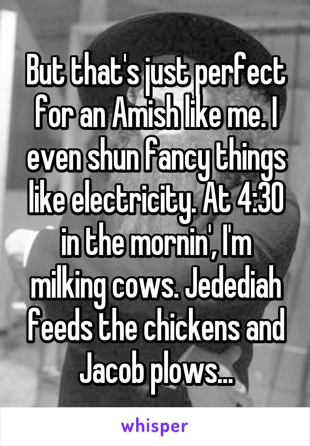 But that's just perfect for an Amish like me. I even shun fancy things like electricity. At 4:30 in the mornin', I'm milking cows. Jedediah feeds the chickens and Jacob plows...