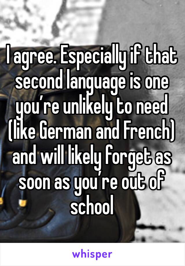 I agree. Especially if that second language is one you’re unlikely to need (like German and French) and will likely forget as soon as you’re out of school 