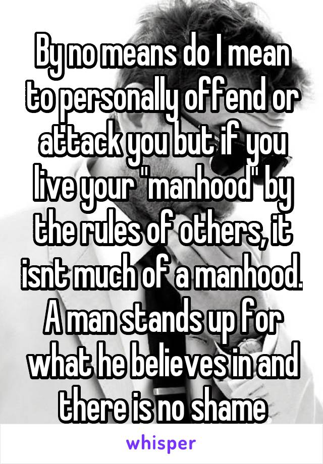 By no means do I mean to personally offend or attack you but if you live your "manhood" by the rules of others, it isnt much of a manhood. A man stands up for what he believes in and there is no shame