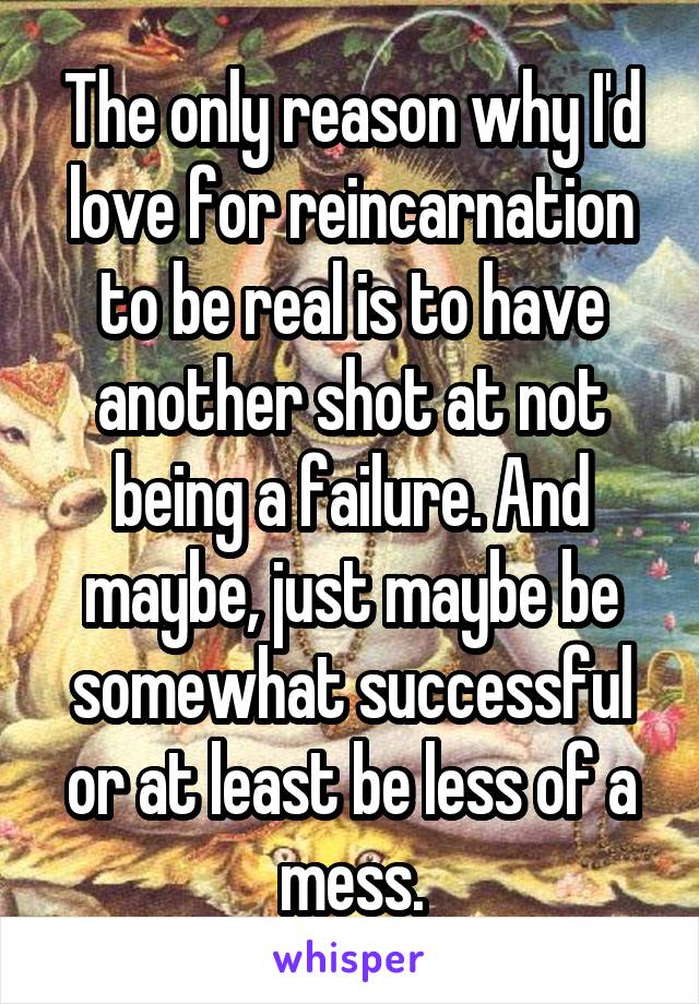 The only reason why I'd love for reincarnation to be real is to have another shot at not being a failure. And maybe, just maybe be somewhat successful or at least be less of a mess.