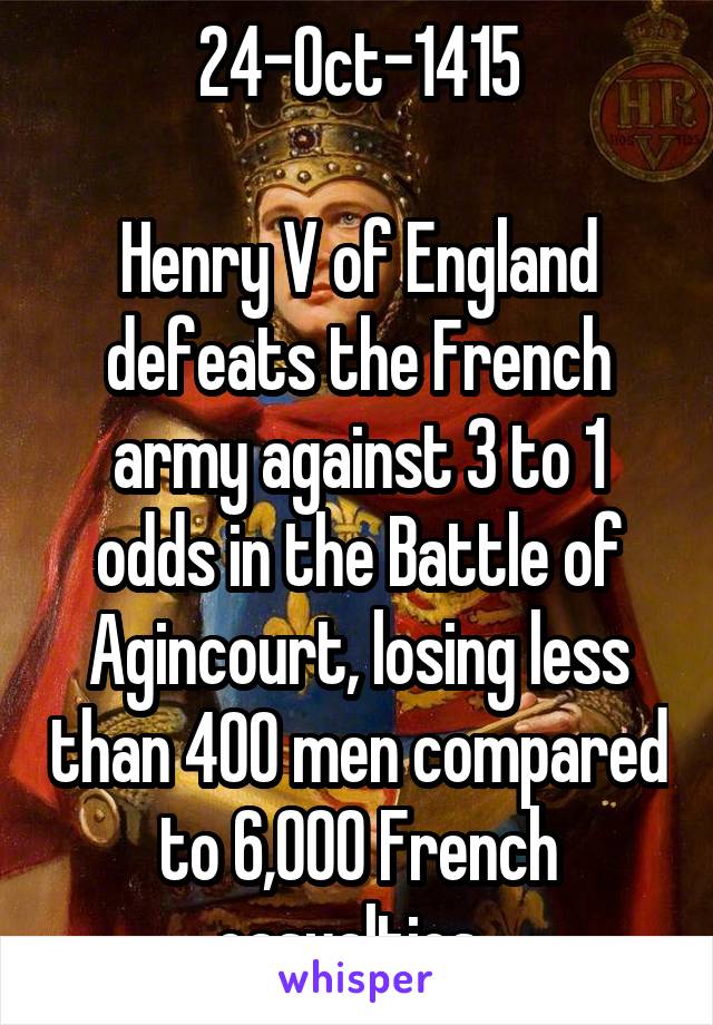 24-Oct-1415

Henry V of England defeats the French army against 3 to 1 odds in the Battle of Agincourt, losing less than 400 men compared to 6,000 French casualties. 