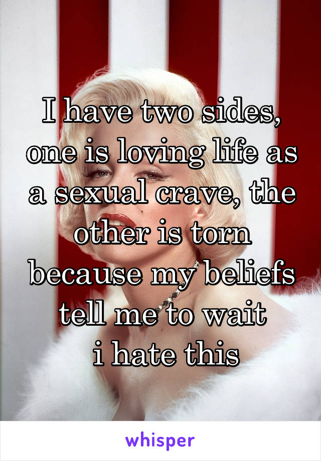 I have two sides, one is loving life as a sexual crave, the other is torn because my beliefs tell me to wait
 i hate this
