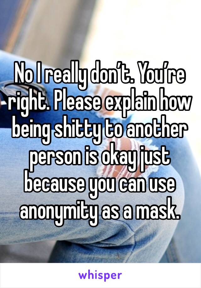 No I really don’t. You’re right. Please explain how being shitty to another person is okay just because you can use anonymity as a mask.