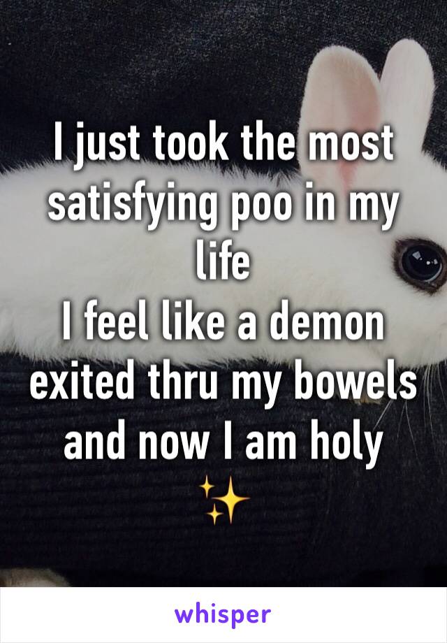 I just took the most satisfying poo in my life
I feel like a demon exited thru my bowels and now I am holy
✨