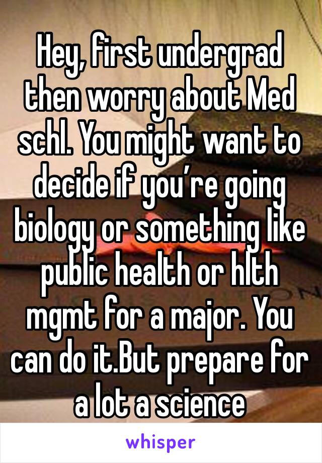 Hey, first undergrad then worry about Med schl. You might want to decide if you’re going biology or something like public health or hlth mgmt for a major. You can do it.But prepare for a lot a science