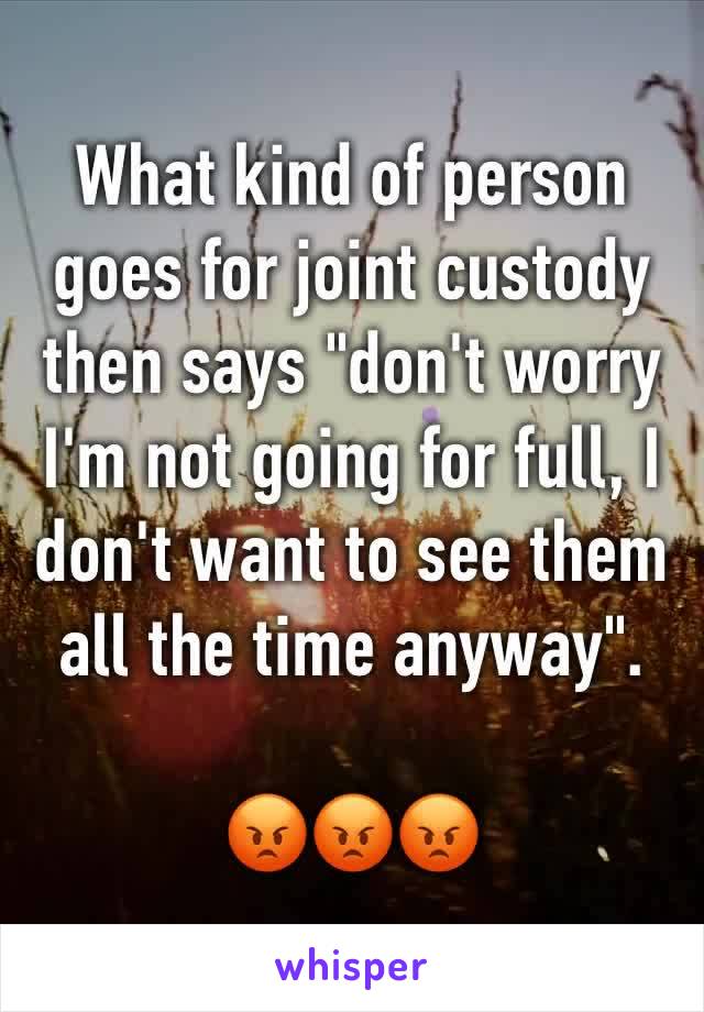 What kind of person goes for joint custody then says "don't worry I'm not going for full, I don't want to see them all the time anyway".

ðŸ˜¡ðŸ˜¡ðŸ˜¡