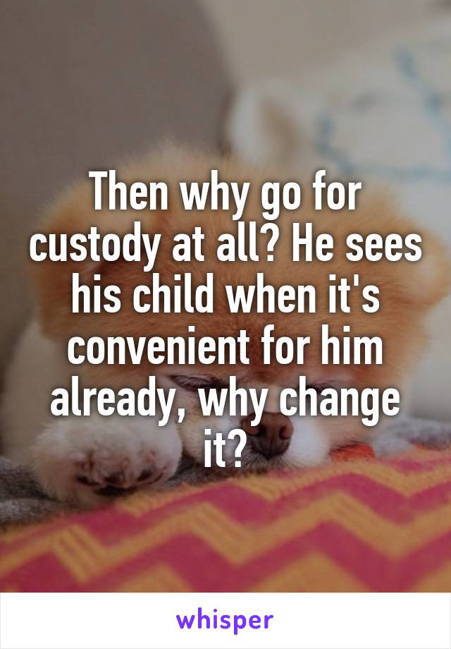 Then why go for custody at all? He sees his child when it's convenient for him already, why change it?