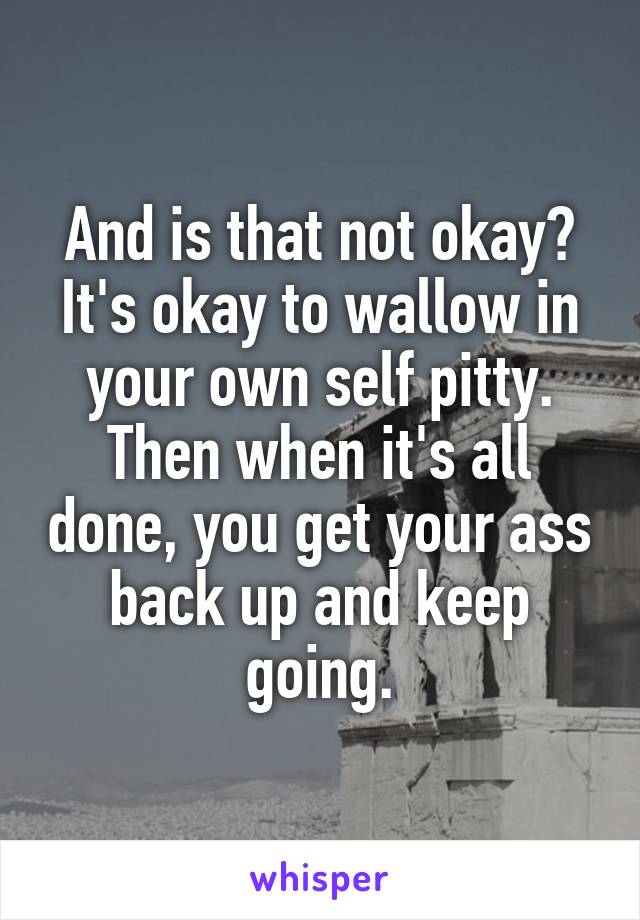 And is that not okay? It's okay to wallow in your own self pitty. Then when it's all done, you get your ass back up and keep going.