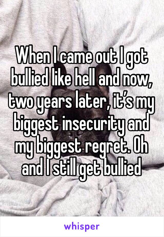 When I came out I got bullied like hell and now, two years later, it’s my biggest insecurity and my biggest regret. Oh and I still get bullied