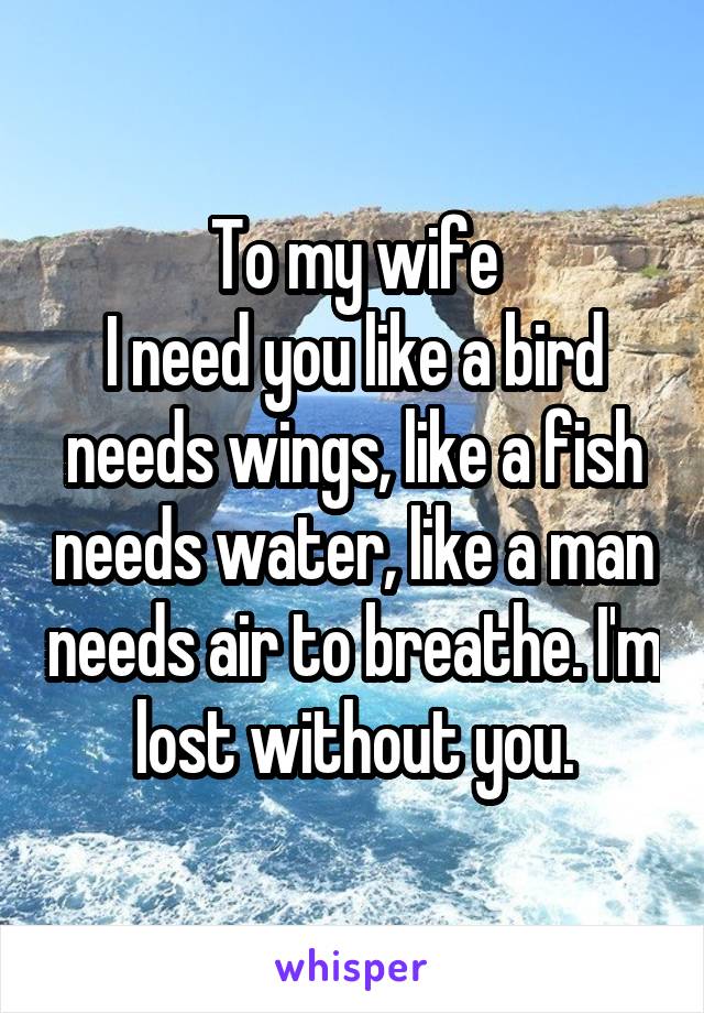 To my wife
I need you like a bird needs wings, like a fish needs water, like a man needs air to breathe. I'm lost without you.