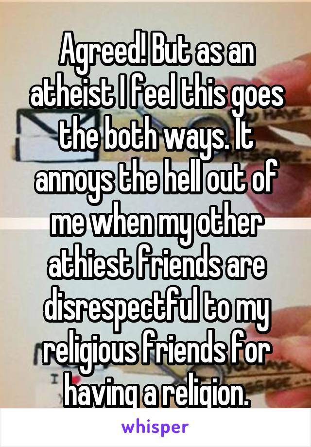 Agreed! But as an atheist I feel this goes the both ways. It annoys the hell out of me when my other athiest friends are disrespectful to my religious friends for having a religion.