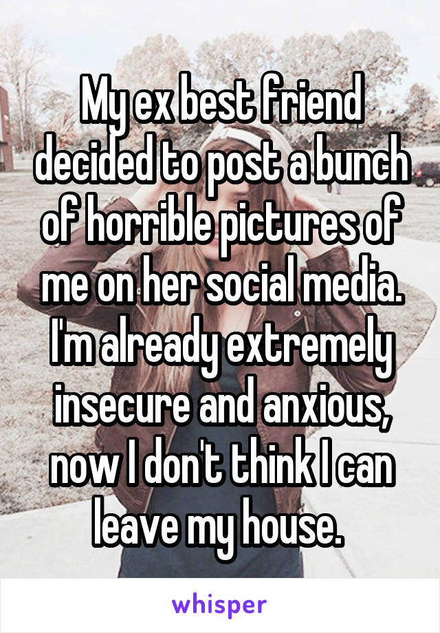 My ex best friend decided to post a bunch of horrible pictures of me on her social media. I'm already extremely insecure and anxious, now I don't think I can leave my house. 