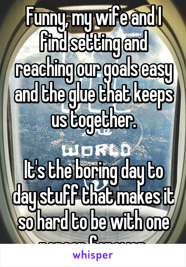 Funny, my wife and I find setting and reaching our goals easy and the glue that keeps us together.

It's the boring day to day stuff that makes it so hard to be with one person forever.