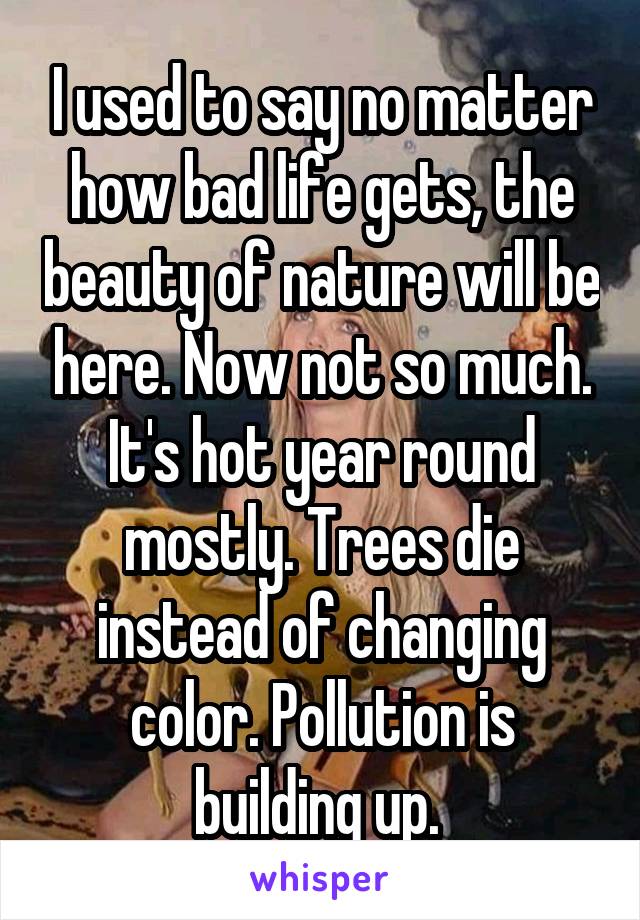 I used to say no matter how bad life gets, the beauty of nature will be here. Now not so much. It's hot year round mostly. Trees die instead of changing color. Pollution is building up. 