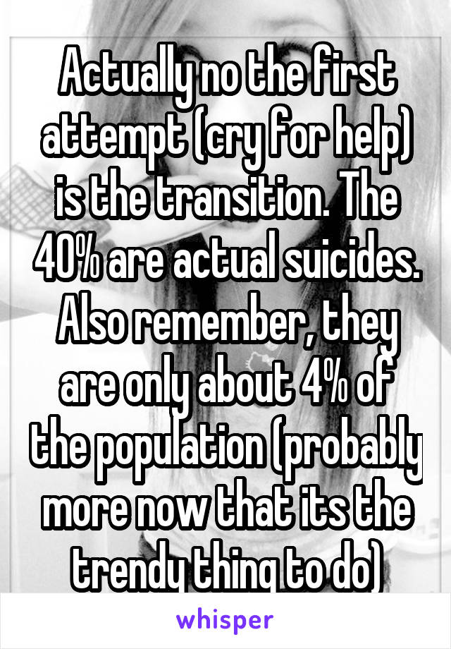 Actually no the first attempt (cry for help) is the transition. The 40% are actual suicides. Also remember, they are only about 4% of the population (probably more now that its the trendy thing to do)