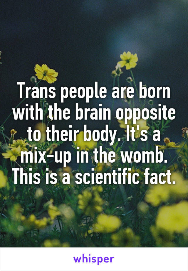 Trans people are born with the brain opposite to their body. It's a mix-up in the womb. This is a scientific fact.