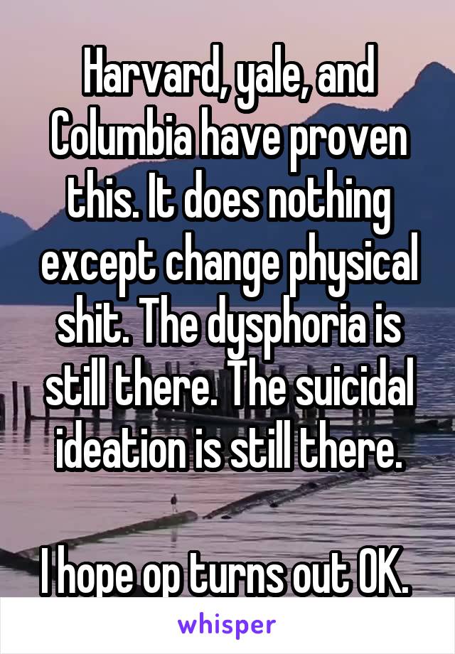 Harvard, yale, and Columbia have proven this. It does nothing except change physical shit. The dysphoria is still there. The suicidal ideation is still there.

I hope op turns out OK. 