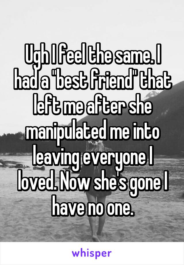 Ugh I feel the same. I had a "best friend" that left me after she manipulated me into leaving everyone I loved. Now she's gone I have no one.