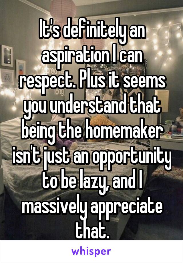 It's definitely an aspiration I can respect. Plus it seems you understand that being the homemaker isn't just an opportunity to be lazy, and I massively appreciate that.