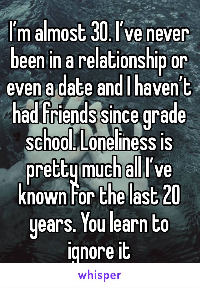 I’m almost 30. I’ve never been in a relationship or even a date and I haven’t had friends since grade school. Loneliness is pretty much all I’ve known for the last 20 years. You learn to ignore it