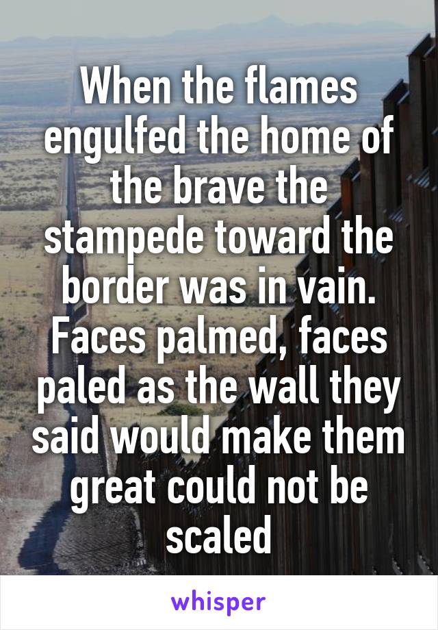 When the flames engulfed the home of the brave the stampede toward the border was in vain.
Faces palmed, faces paled as the wall they said would make them great could not be scaled